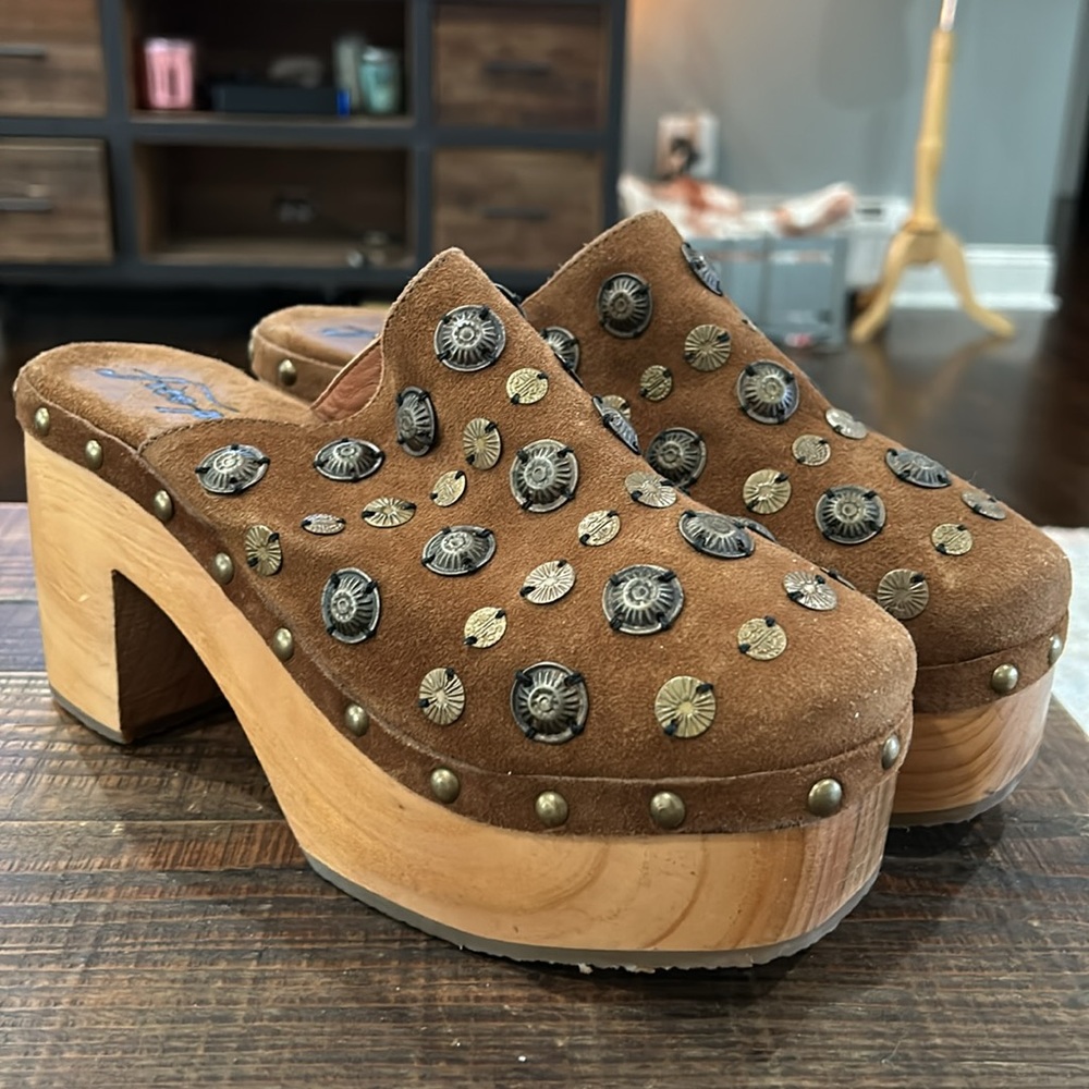 Free People Brown Studded Suede Platform Clogs - Picture 3 of 7